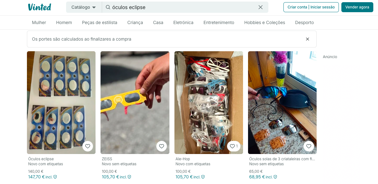 Óculos distribuídos gratuitamente para ver o eclipse chegam aos 100 euros em plataformas online de revenda