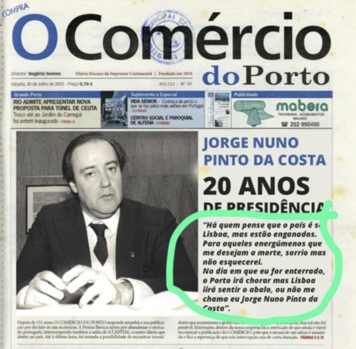 “Lisboa irá sentir o abalo”. Capa do jornal “O Comércio do Porto” com frase de Pinto da Costa é falsa