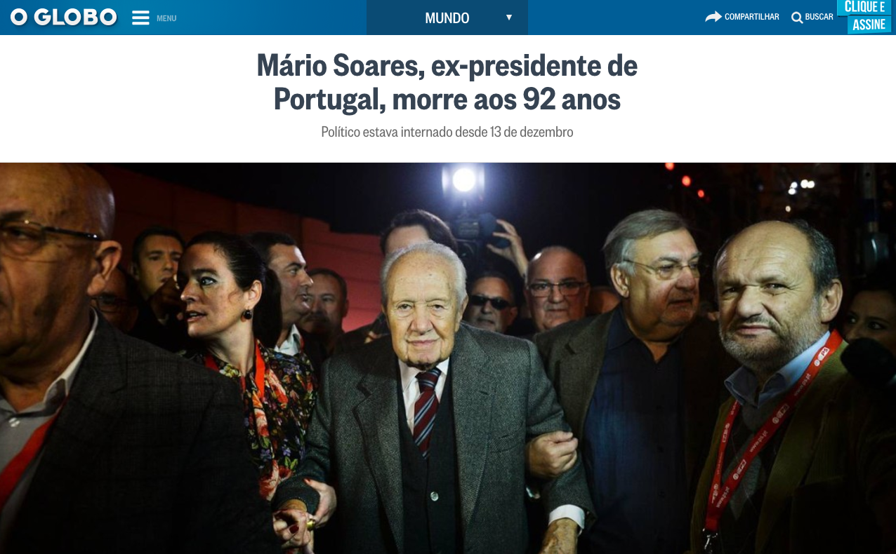 Mário Soares: Imprensa brasileira assinala figura central da adesão portuguesa à União Europeia
