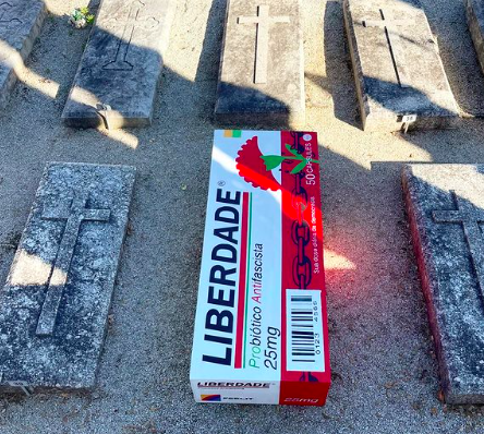 25 Abril. Bordalo II coloca caixa de “probiótico antifascista” na campa de Salazar