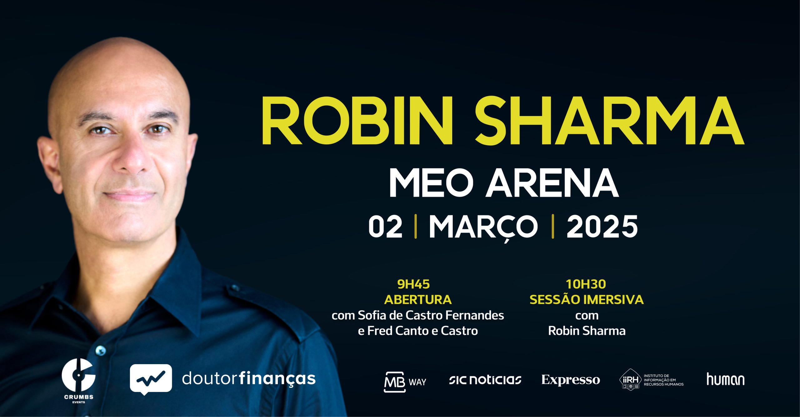 Robin Sharma em evento em Portugal. Comprar livros do autor dá desconto nos bilhetes