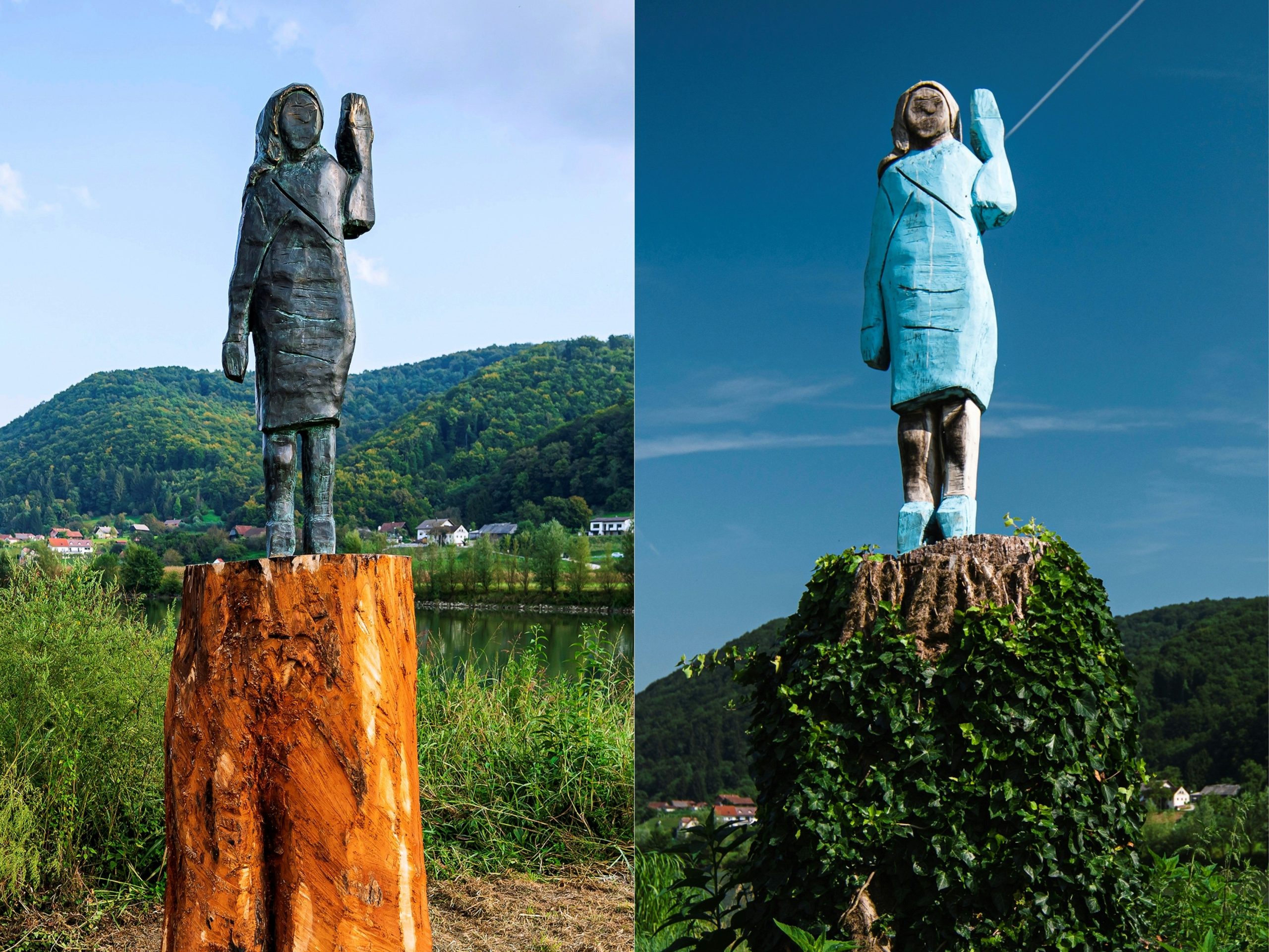 Estátua de Melania Trump feita de madeira substituída por uma de bronze depois de ser queimada